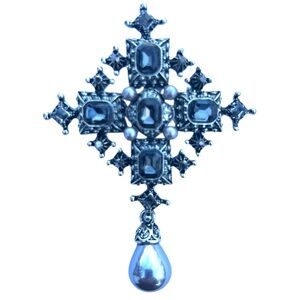 New Maltese Cross Charcoal Silver Pearl Vintage Inspired Brooch